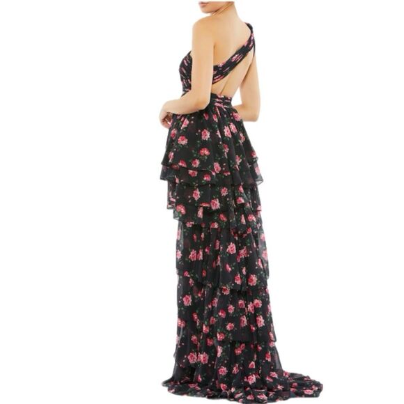 NWT Mac Duggal one-shoulder, high-low black gown with a red/pink floral print. - Picture 3 of 15